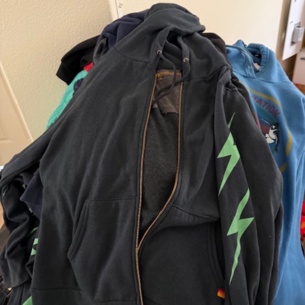 aviator nation  zip up hoodie with matching sweats w/ green lightning bolt L-XL